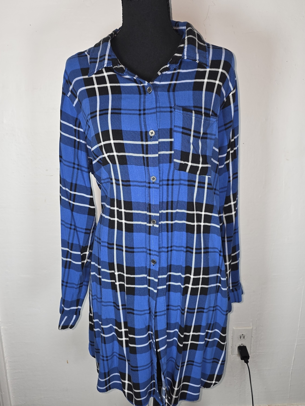 Miss Lili Blue Black & White Plaid Long-Sleeve Shirt Dress